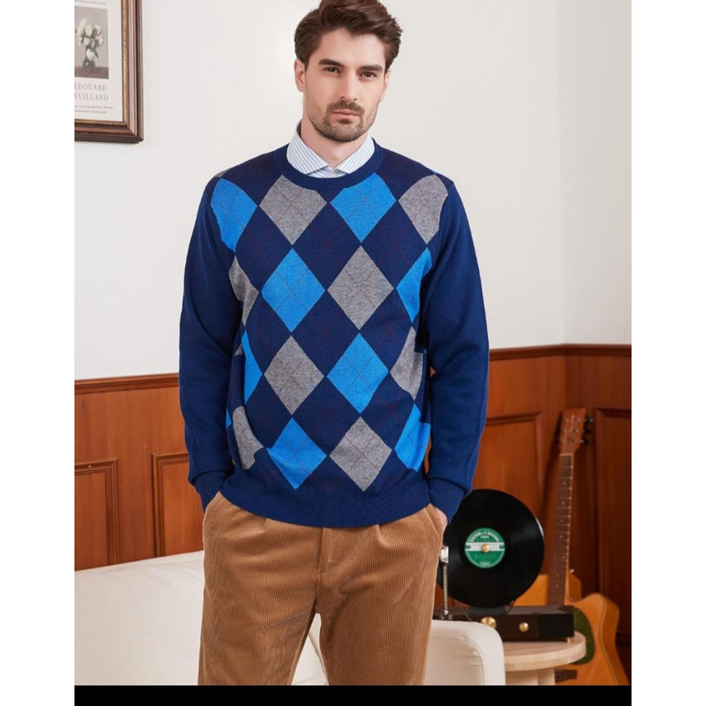 KALLSPIN Men's Argyle Crewneck Knit Pullover Sweater Wool Blend Long Sleeve 4Xl